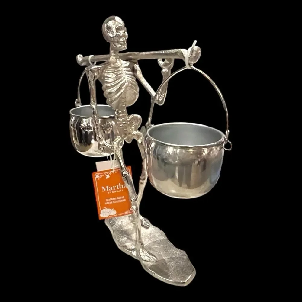 Martha Stewart Halloween Skeleton With Hanging Cauldron Bowls Silvertone